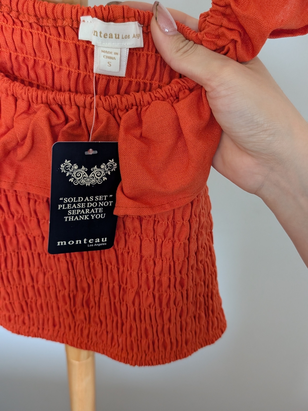 Monteau Rust Red Smocked Ruffle Crop Top - Picture 2 of 3